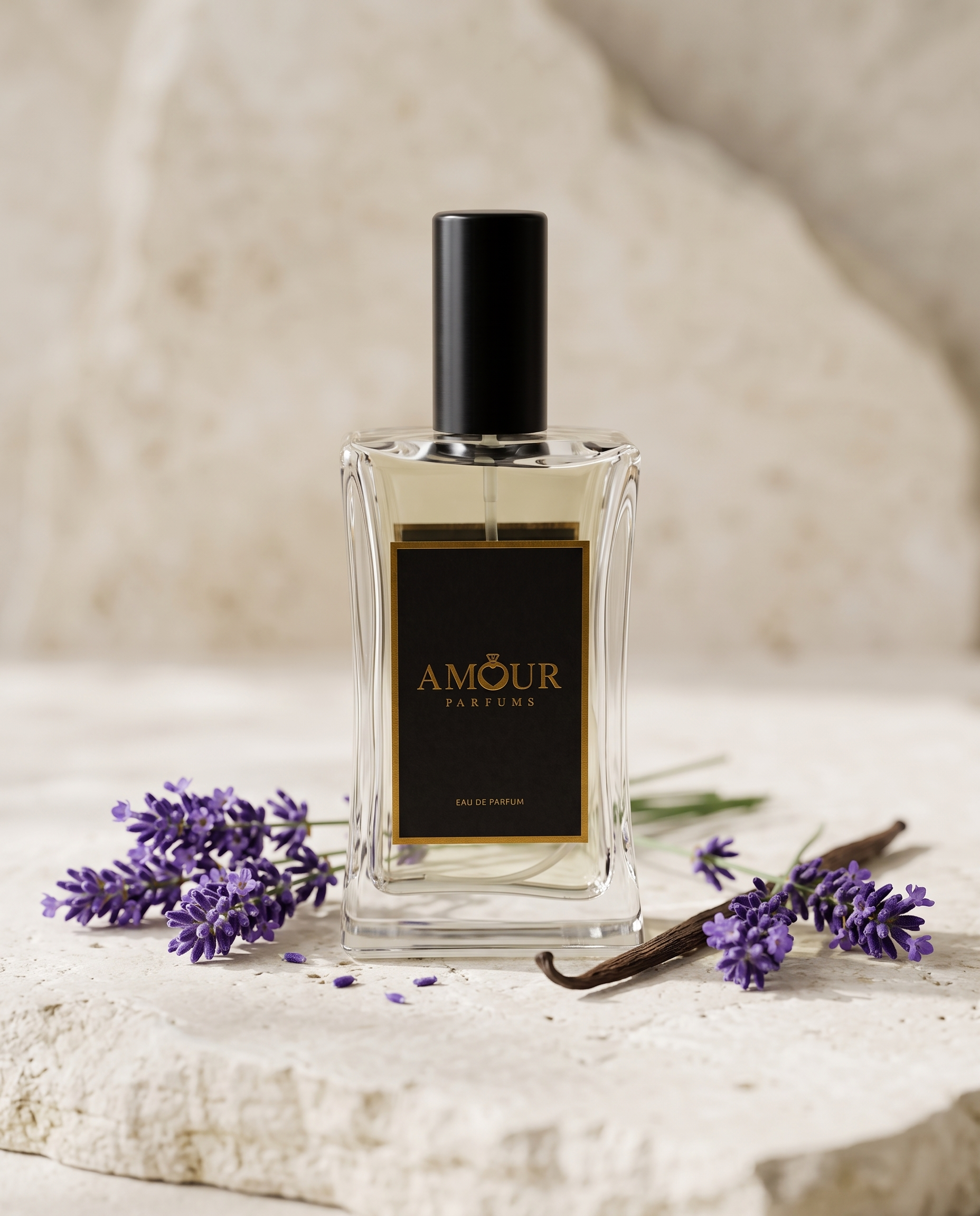 AMOUR Parfums bottle with lavender and vanilla on pale stone