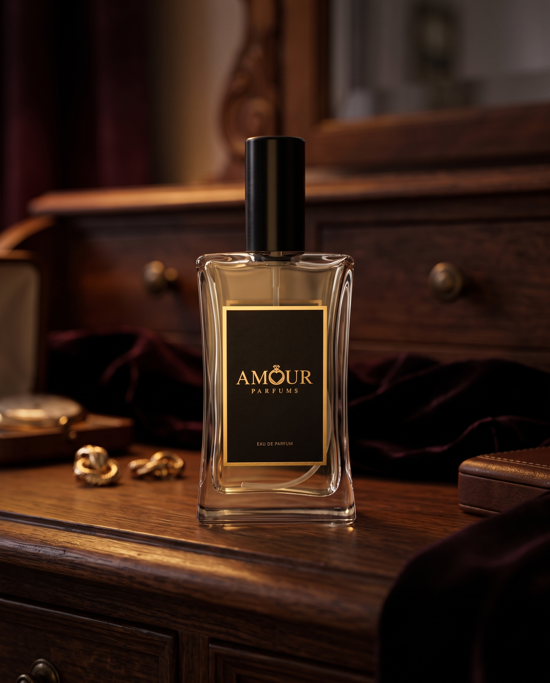 AMOUR Parfums bottle in day-to-night light transition