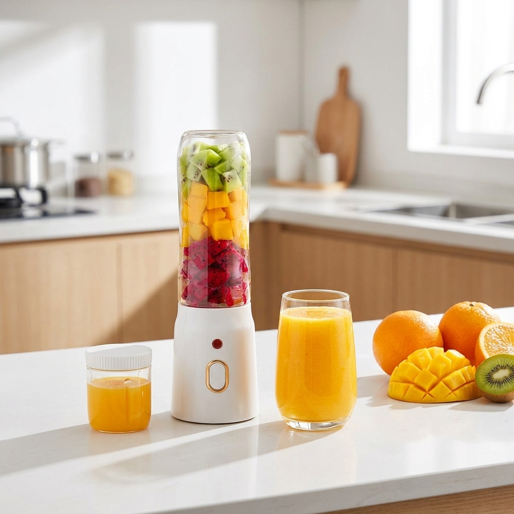 NEWDRU BDL-004 6-blade portable juicer with fresh fruit and an orange smoothie