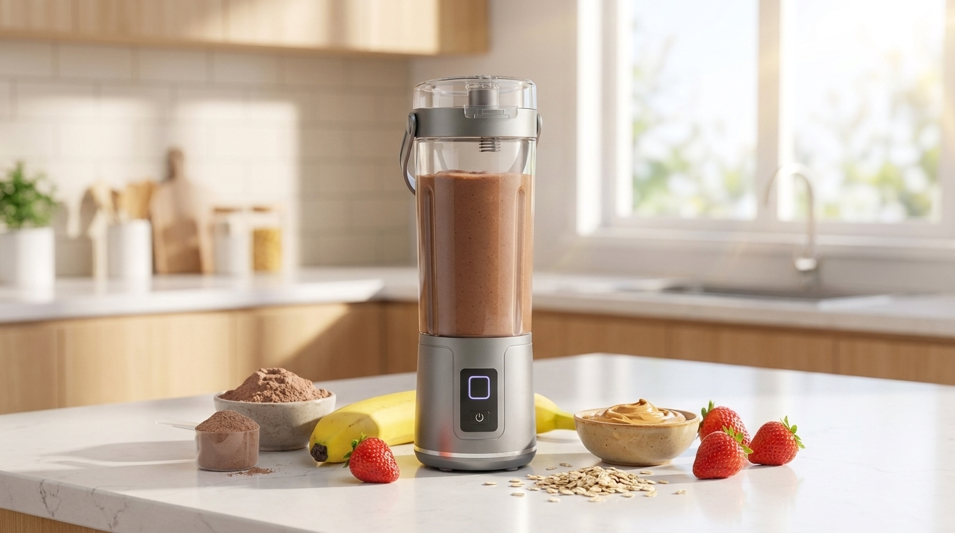 NEWDRU portable blender bottle filled with a chocolate protein shake beside banana, oats, peanut butter and protein powder on a bright kitchen counter