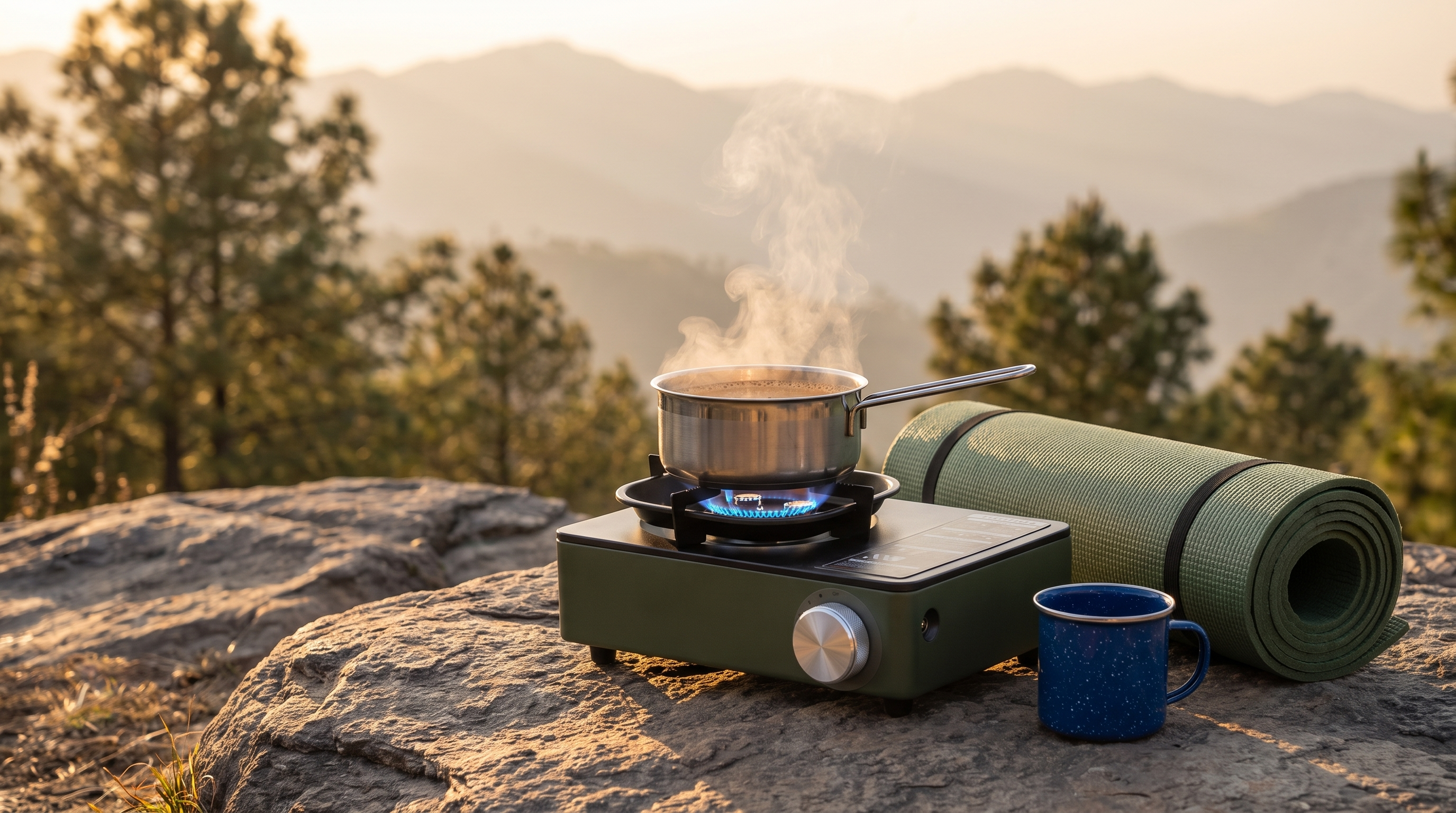 Portable mini gas stove with a pot of chai simmering at a Himalayan campsite at golden hour