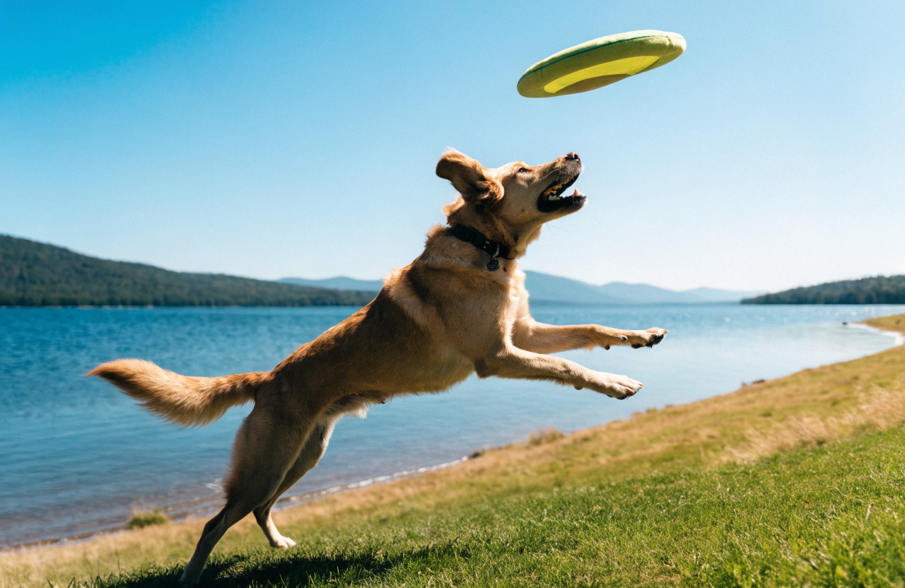 A dog leaping to catch a flying disc toy by the water