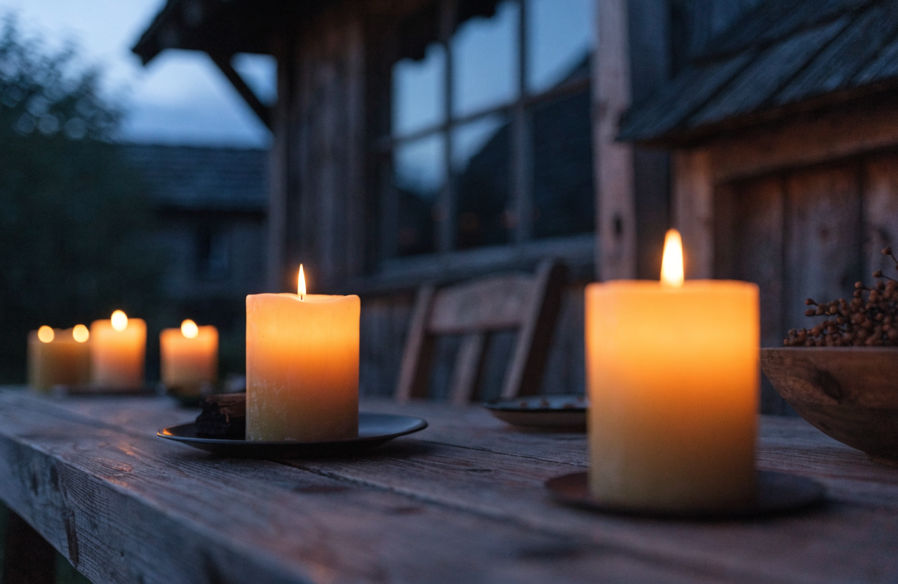 Warm beeswax candles glowing on a cozy table at dusk