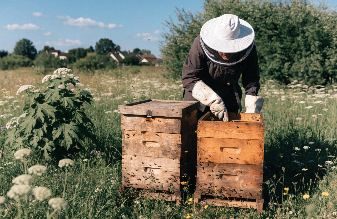 A beekeeper tending backyard beehives among wildflowers