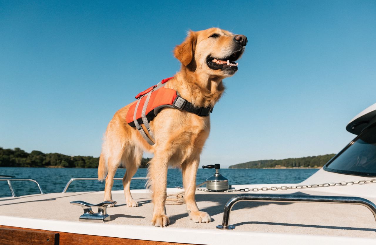 A happy dog standing on the deck of a boat on the water