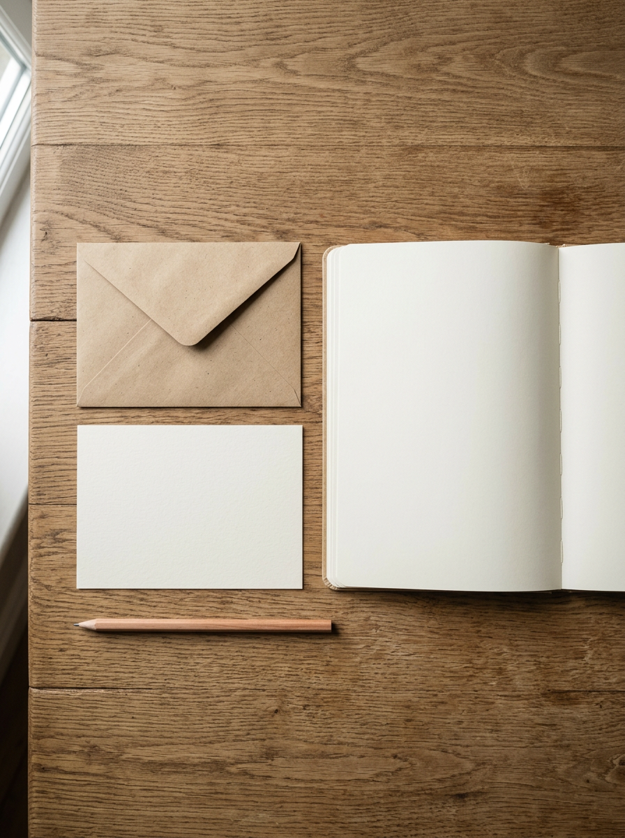 Mockup de papelaria sobre mesa de madeira