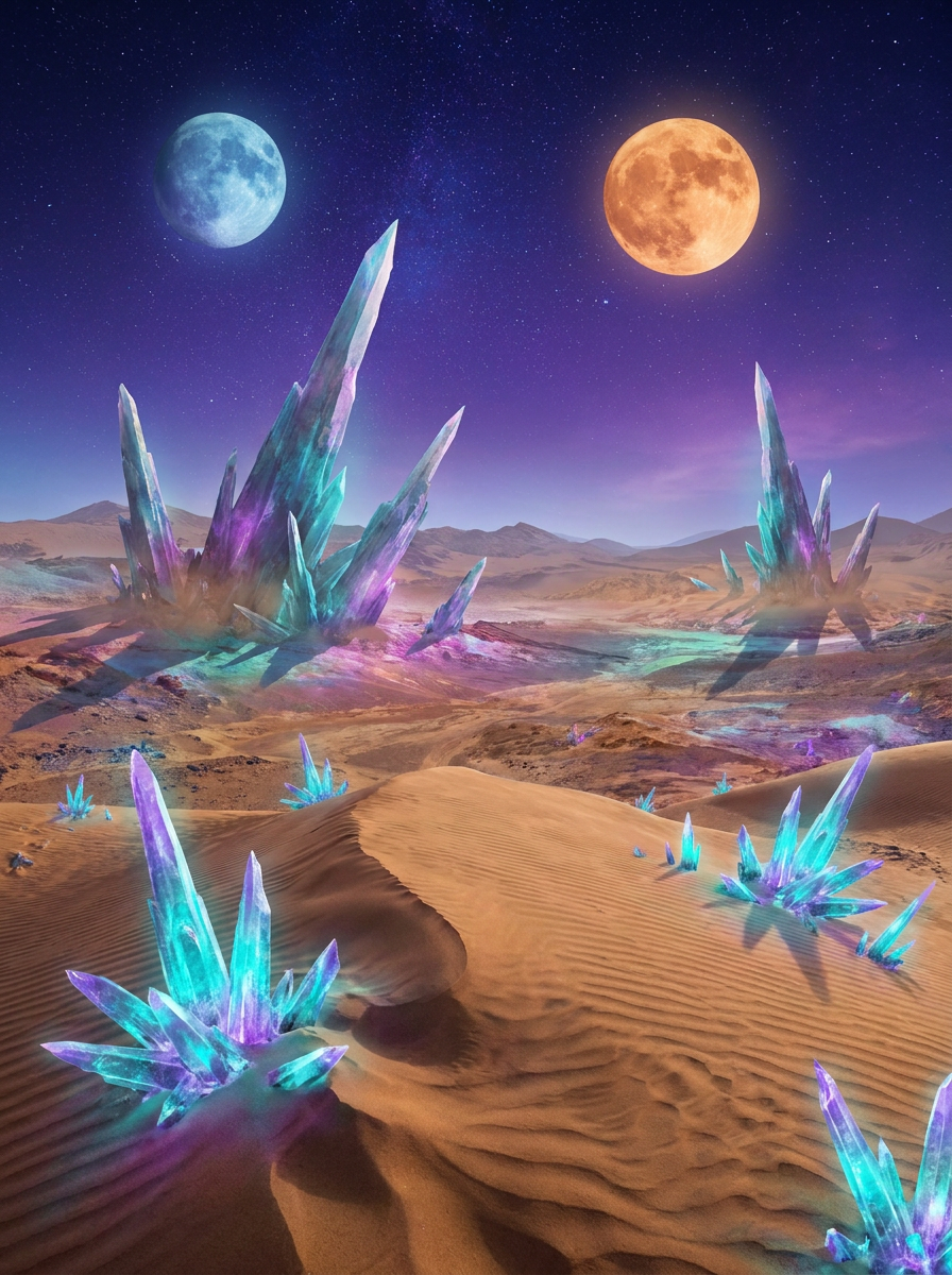 Paisagem de ficção científica: deserto de cristais bioluminescentes