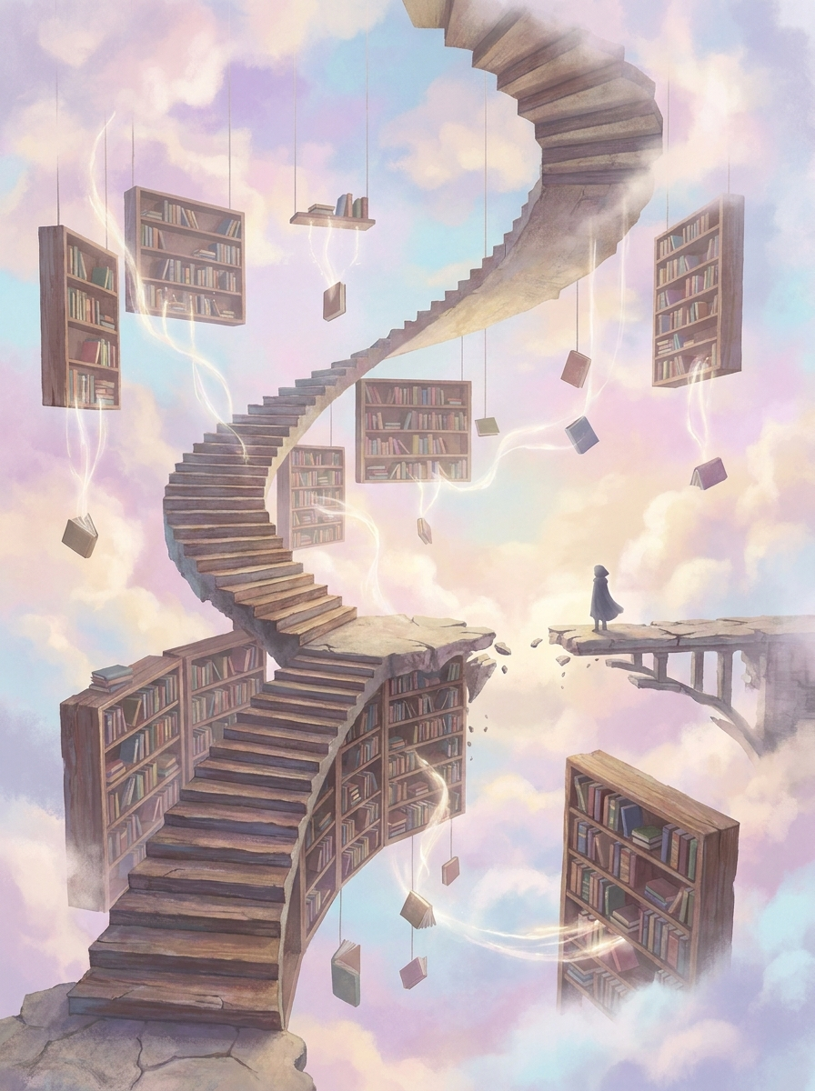 Surrealismo onírico: biblioteca flutuante no céu
