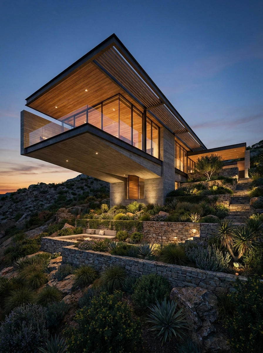 Render arquitetonico de casa moderna na encosta