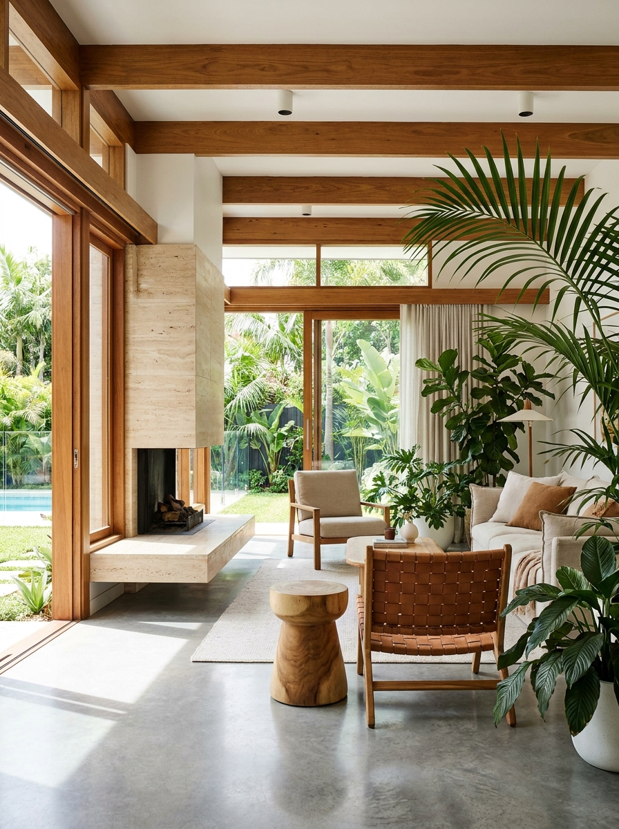Sala de estar tropical-moderna com luz natural