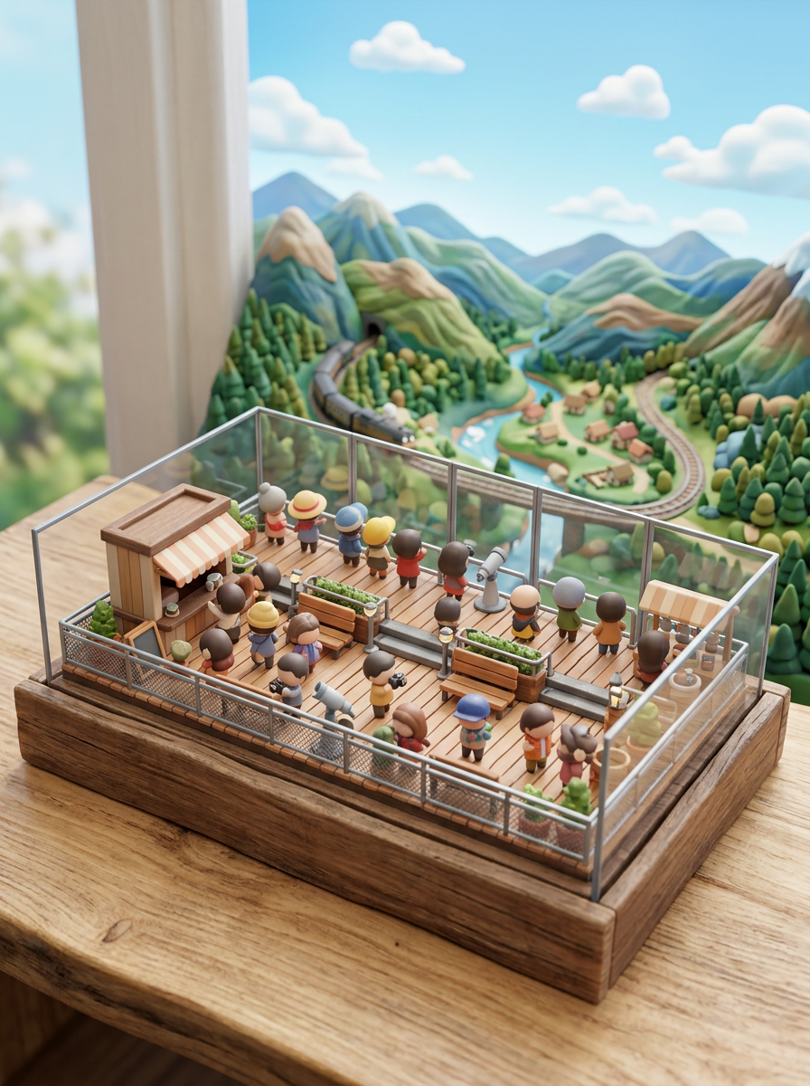 Miniatura 3D chibi de deck de observação turística