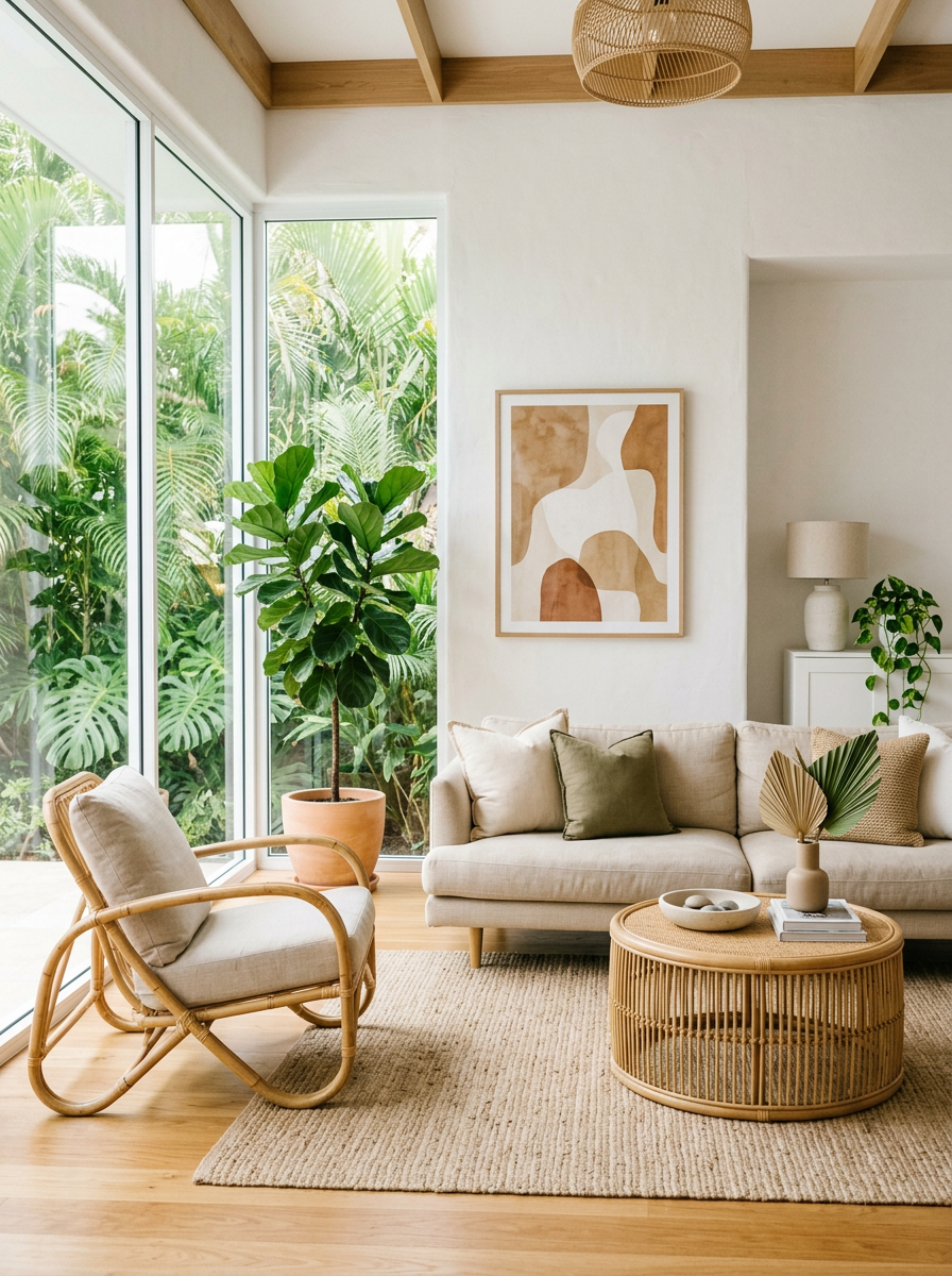 Sala de estar minimalista tropical