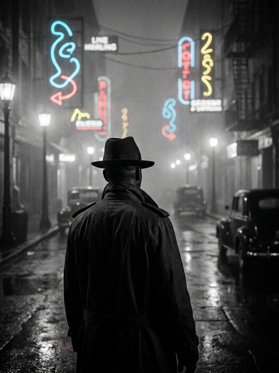 Cena noir de detetive sob neon