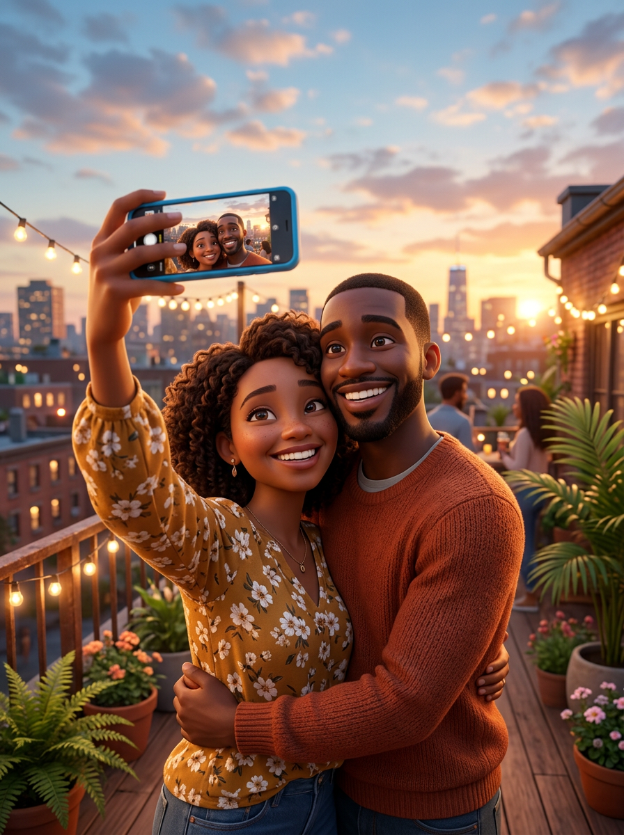 Selfie de casal em 3D cartoon no terraço