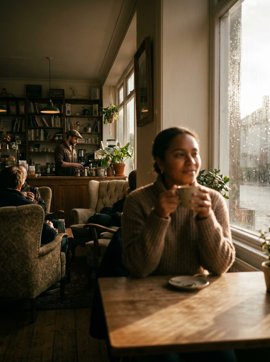 Cena cinematográfica em café ao amanhecer
