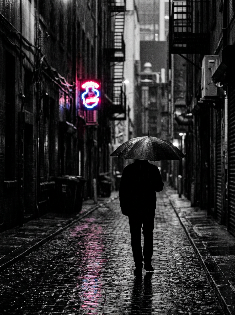 Cena noir sob a chuva
