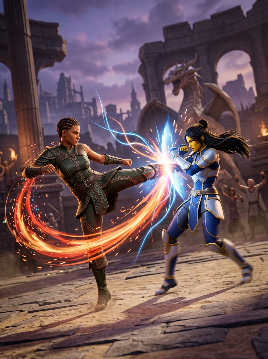 Cena de jogo de luta com personagens originais
