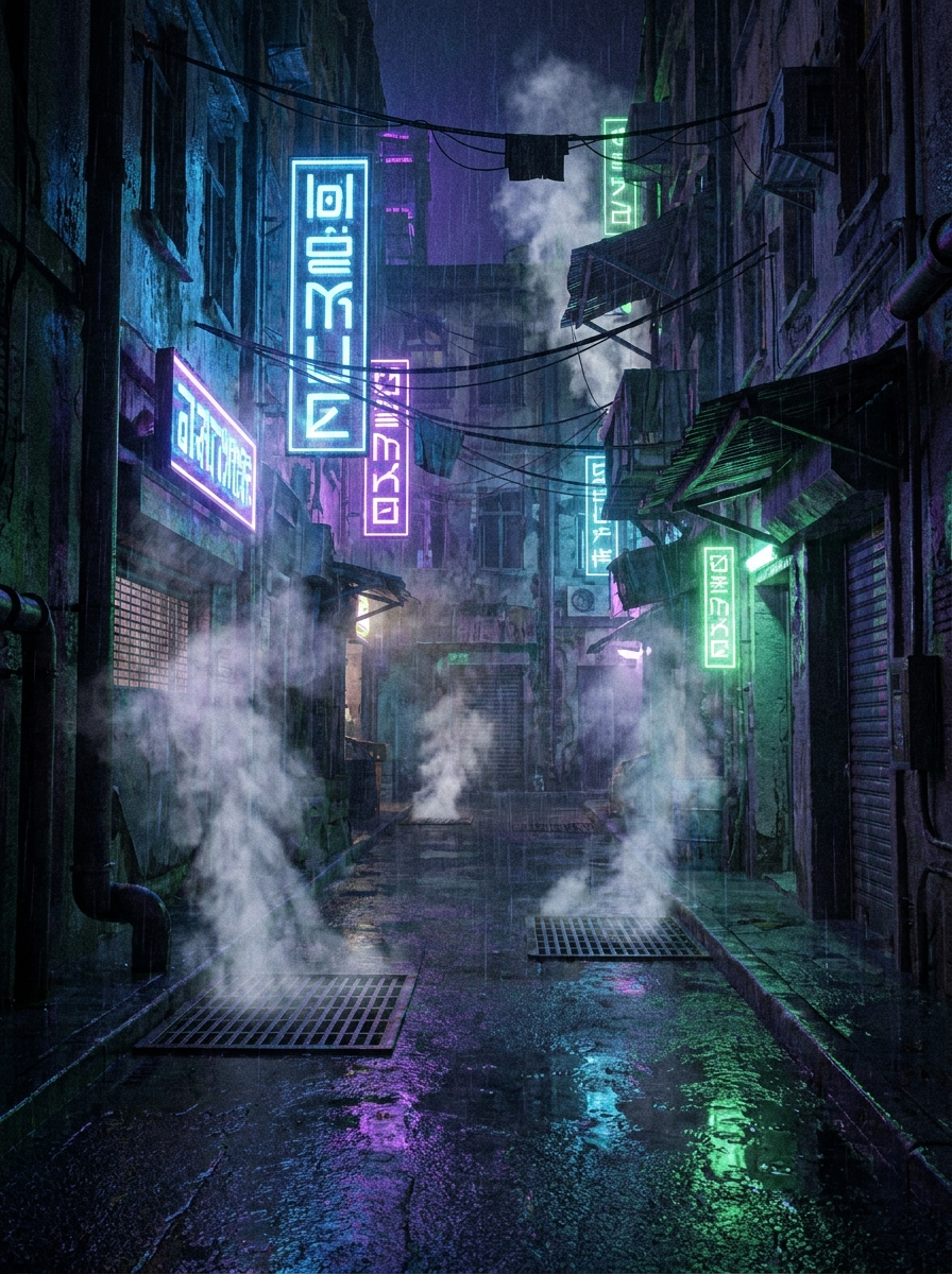 Viela cyberpunk com vapor