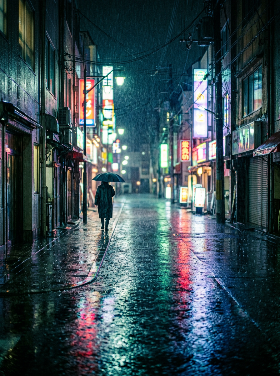 Cena cinematográfica sob chuva neon