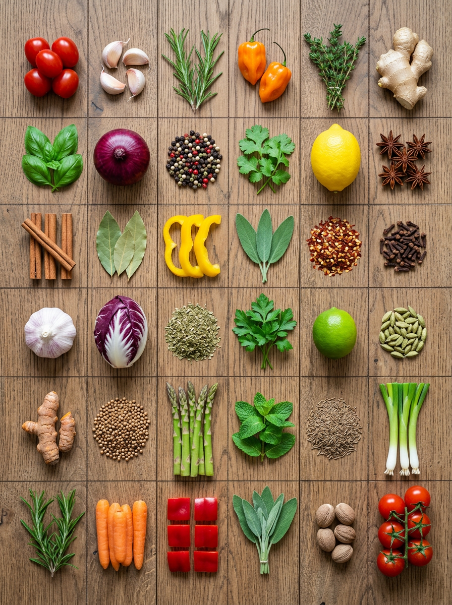 Knolling gastronômico: ingredientes organizados no topo