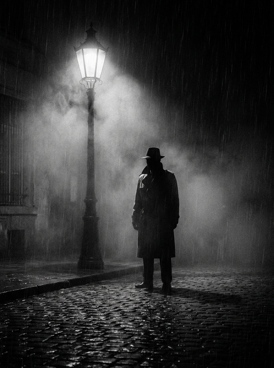 Cena noir de detetive na chuva