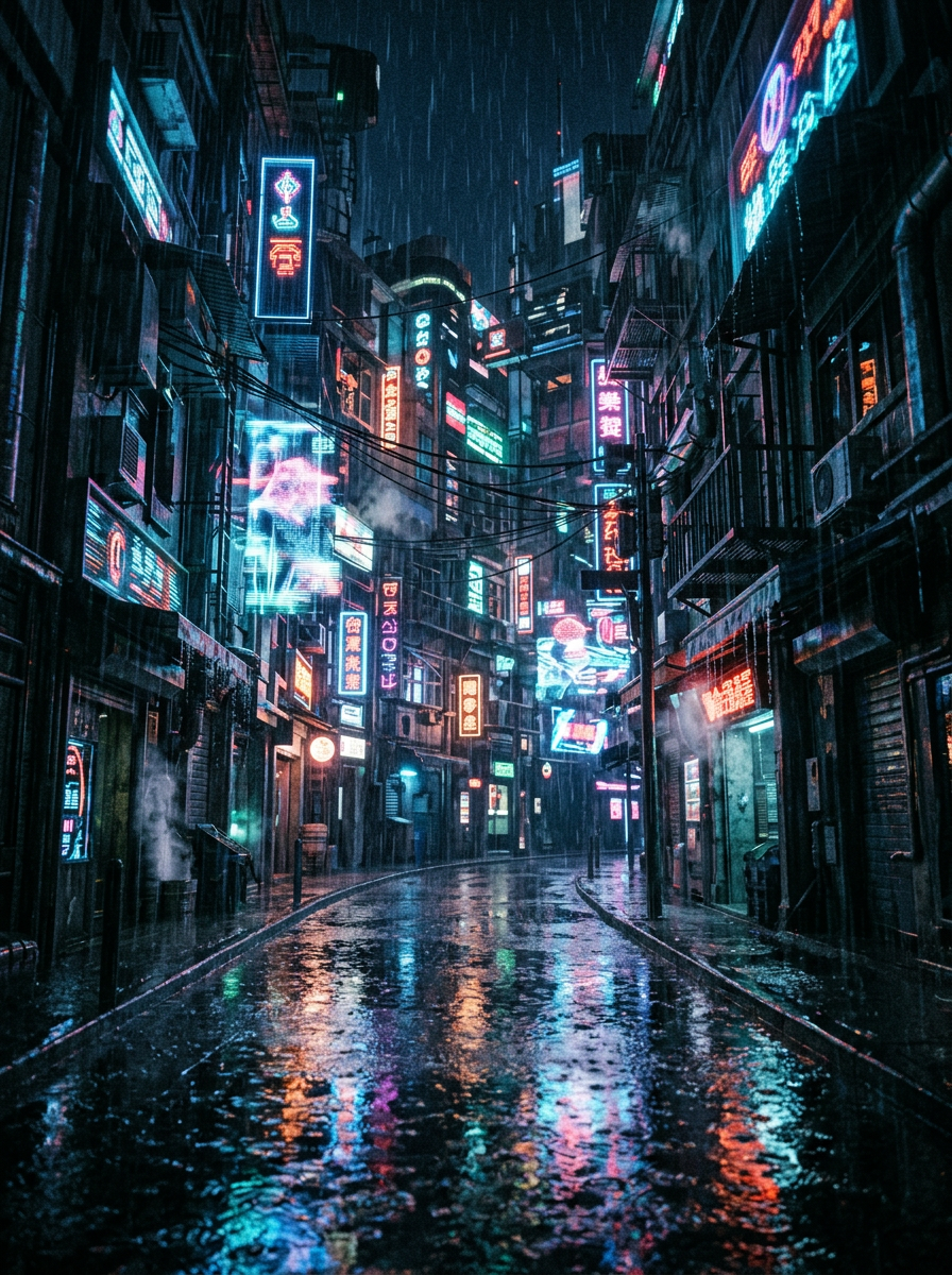 Cena cyberpunk de rua na chuva