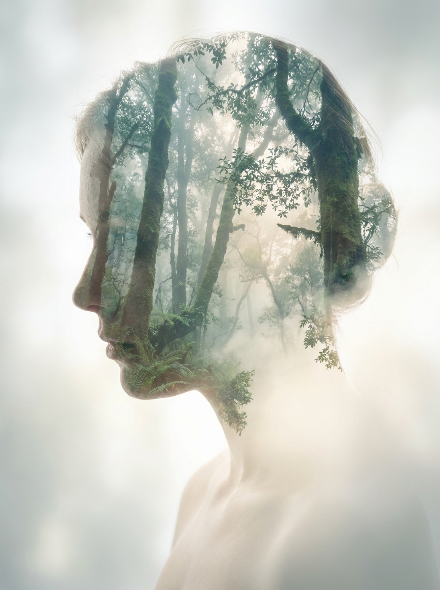 Dupla exposição de retrato com natureza
