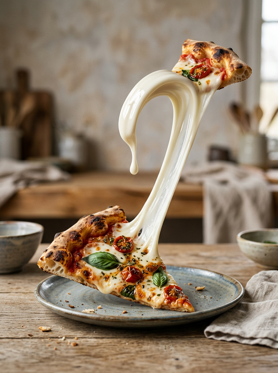 Fatia de pizza surreal com queijo de porcelana derretida