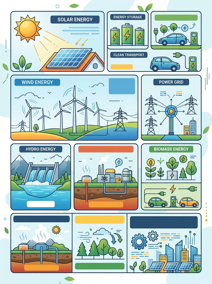 Infográfico bento grid de energia renovável
