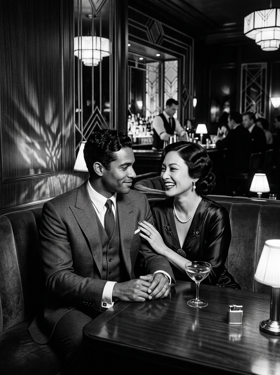 Retrato noir de casal — bar art déco