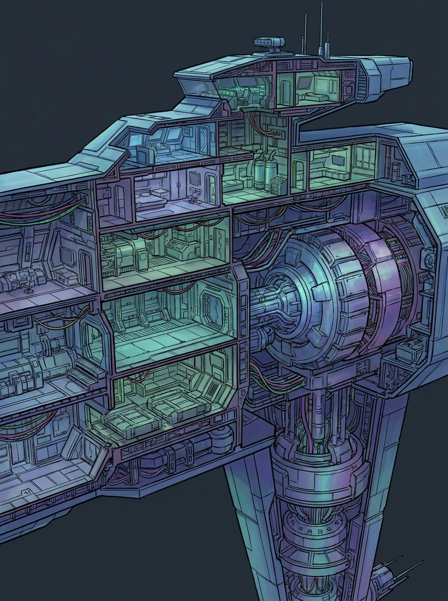 Corte transversal 3D de uma nave sci-fi