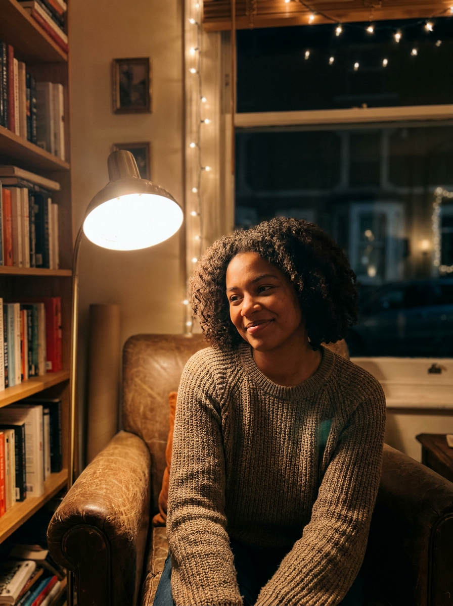Foto aconchego — retrato de noite aconchegante cinematográfico