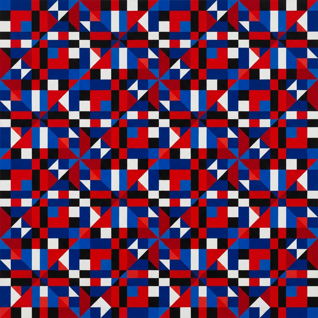 Composição geométrica hard-edge vermelho/preto/branco