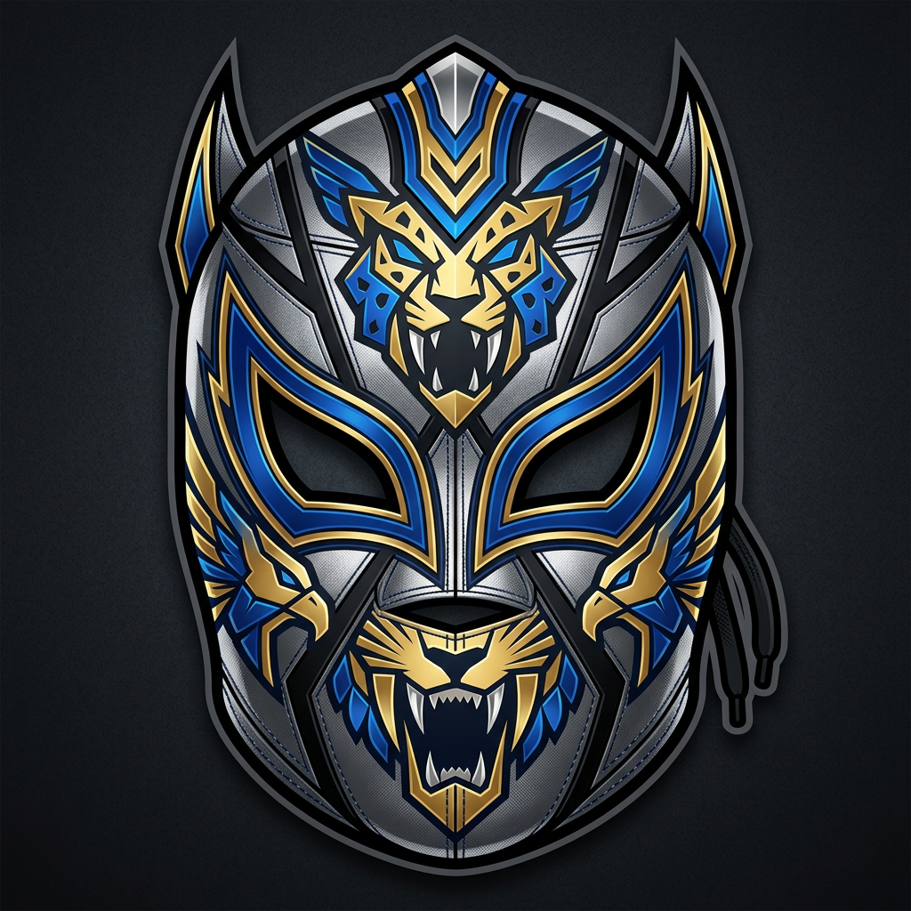 Máscara de lucha libre, prata/ouro/azul, angular
