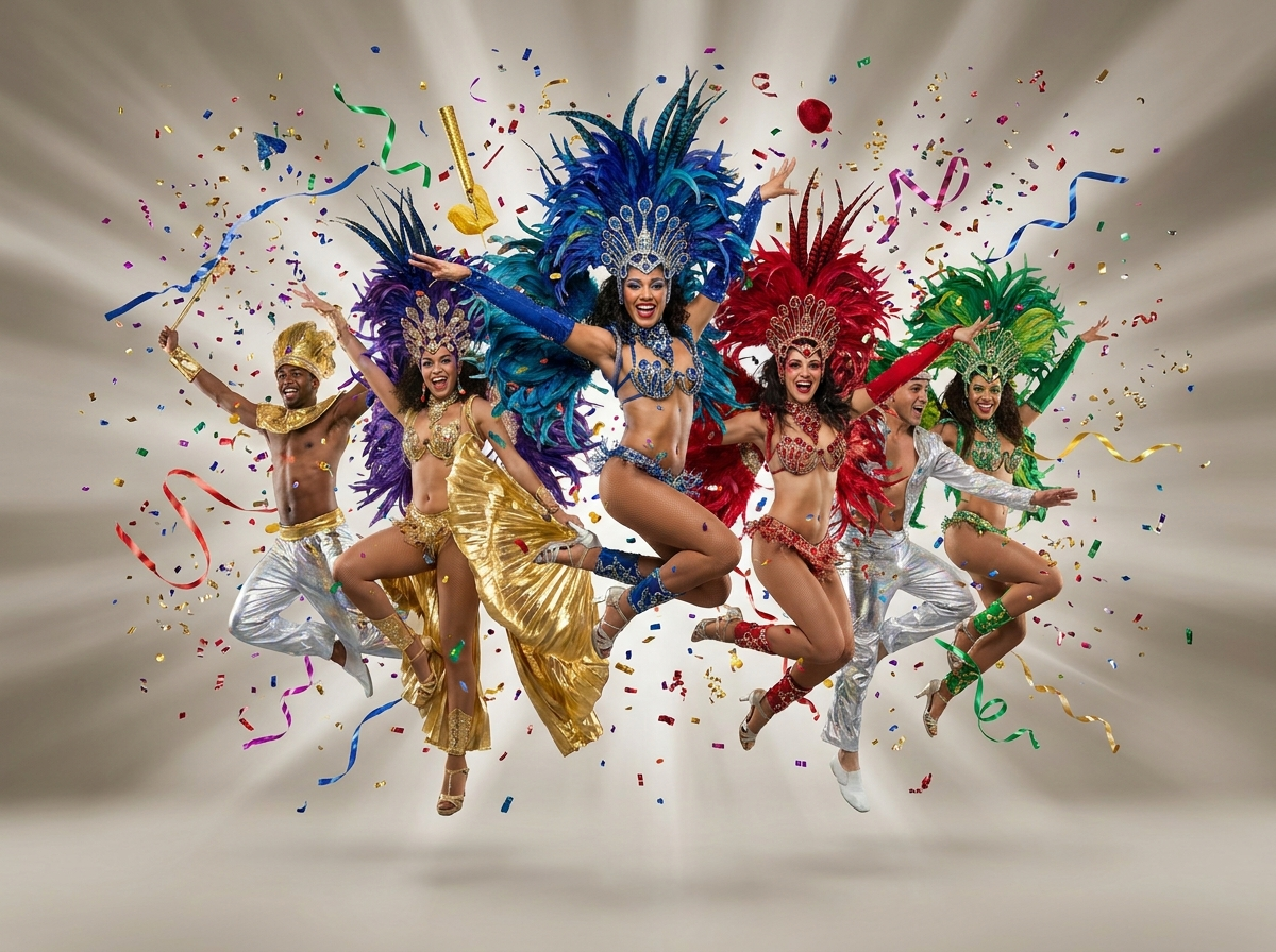 Cena de carnaval com penas e sequins brilhando