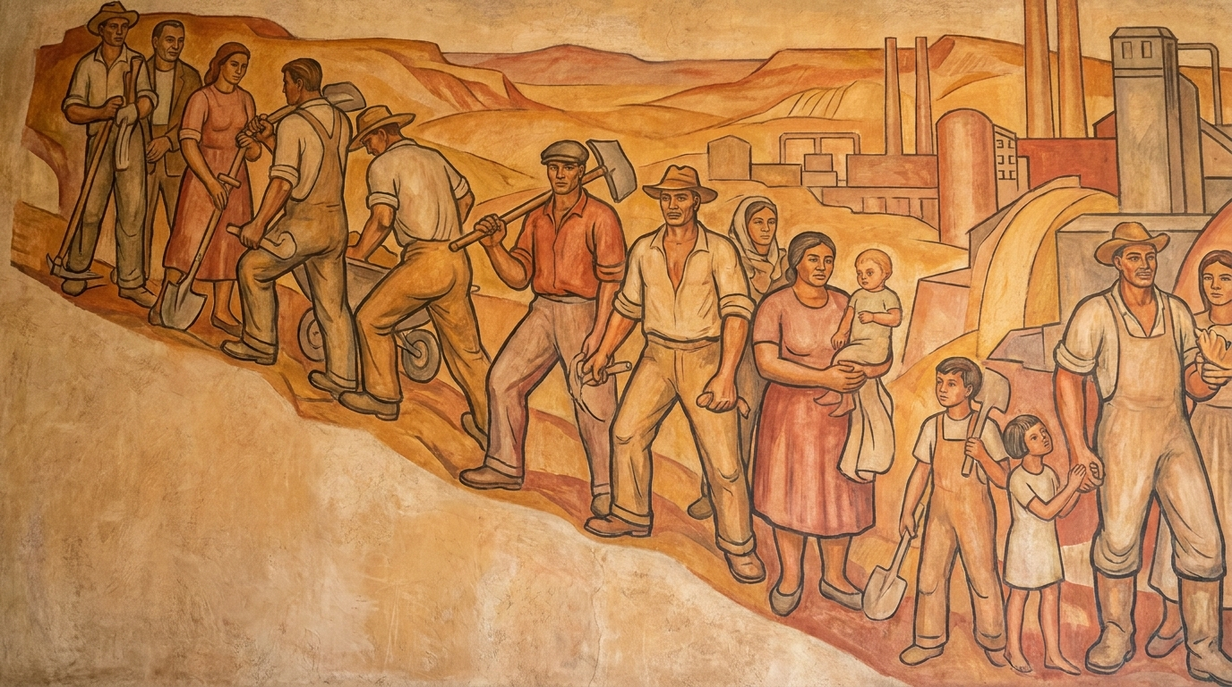 Mural mexicano com operários, ocre e fresco