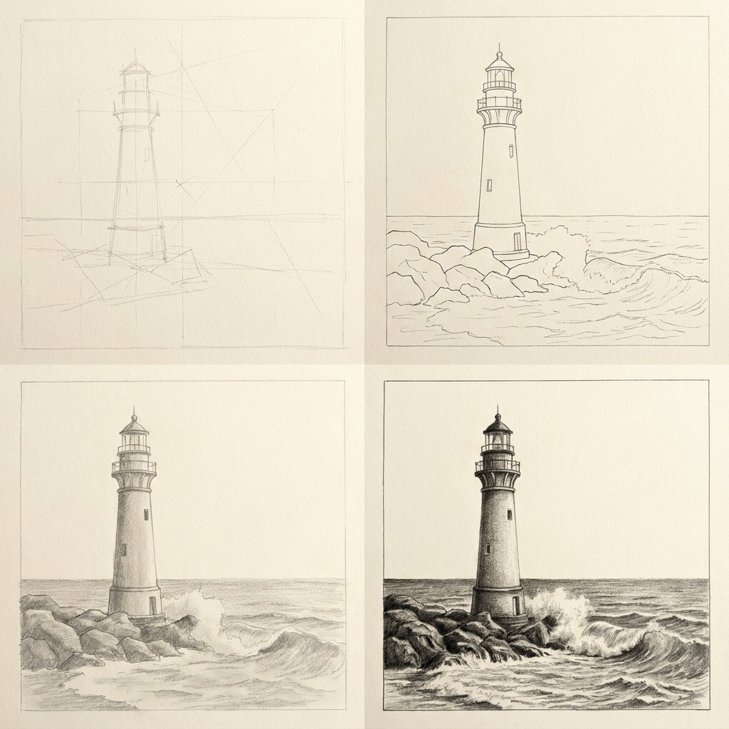 Step-by-step plate of a lighthouse