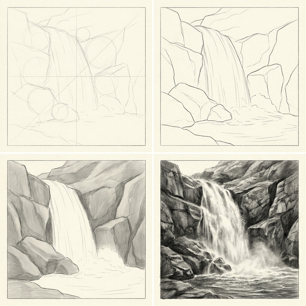 Step-by-step plate of a waterfall