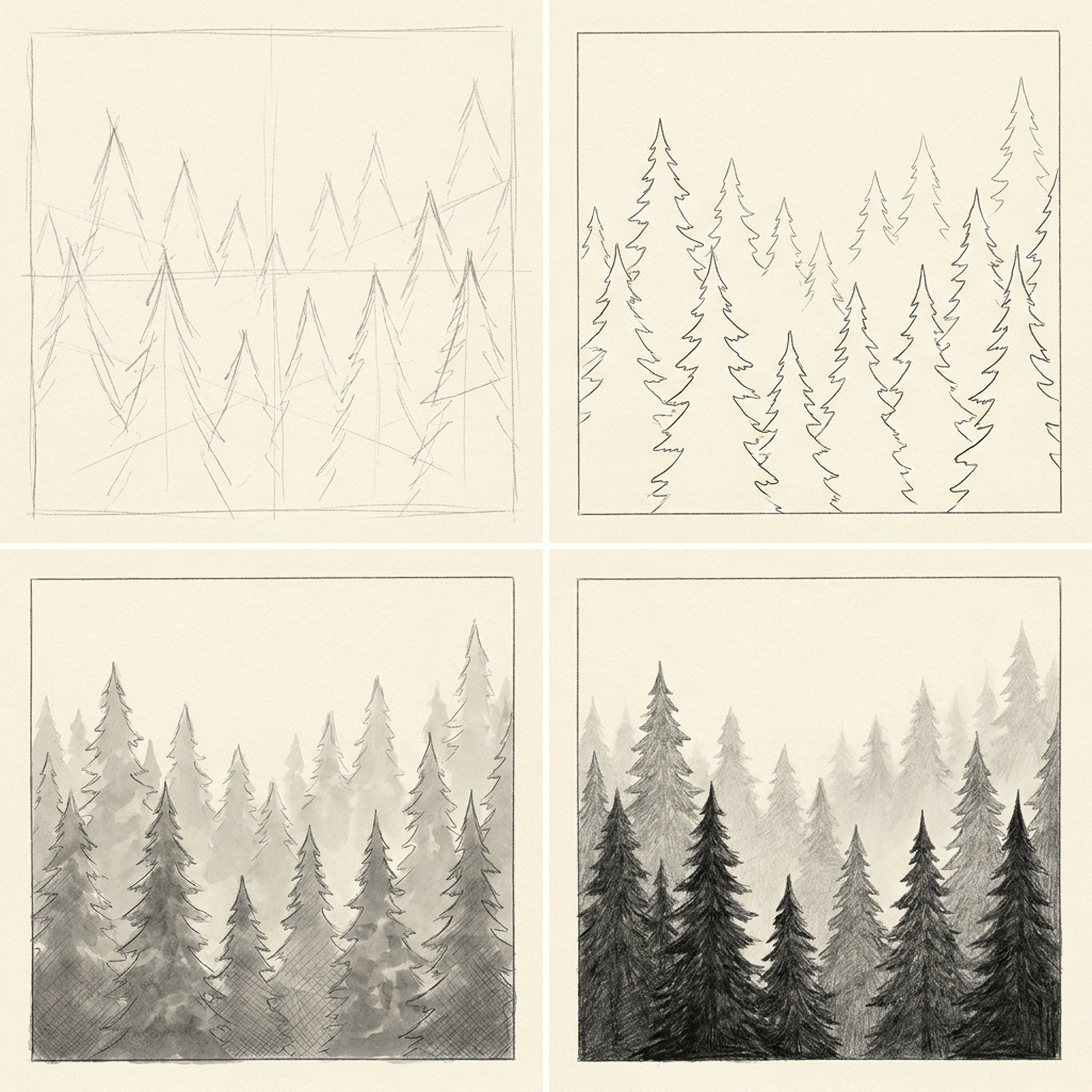 Step-by-step plate of a pine forest