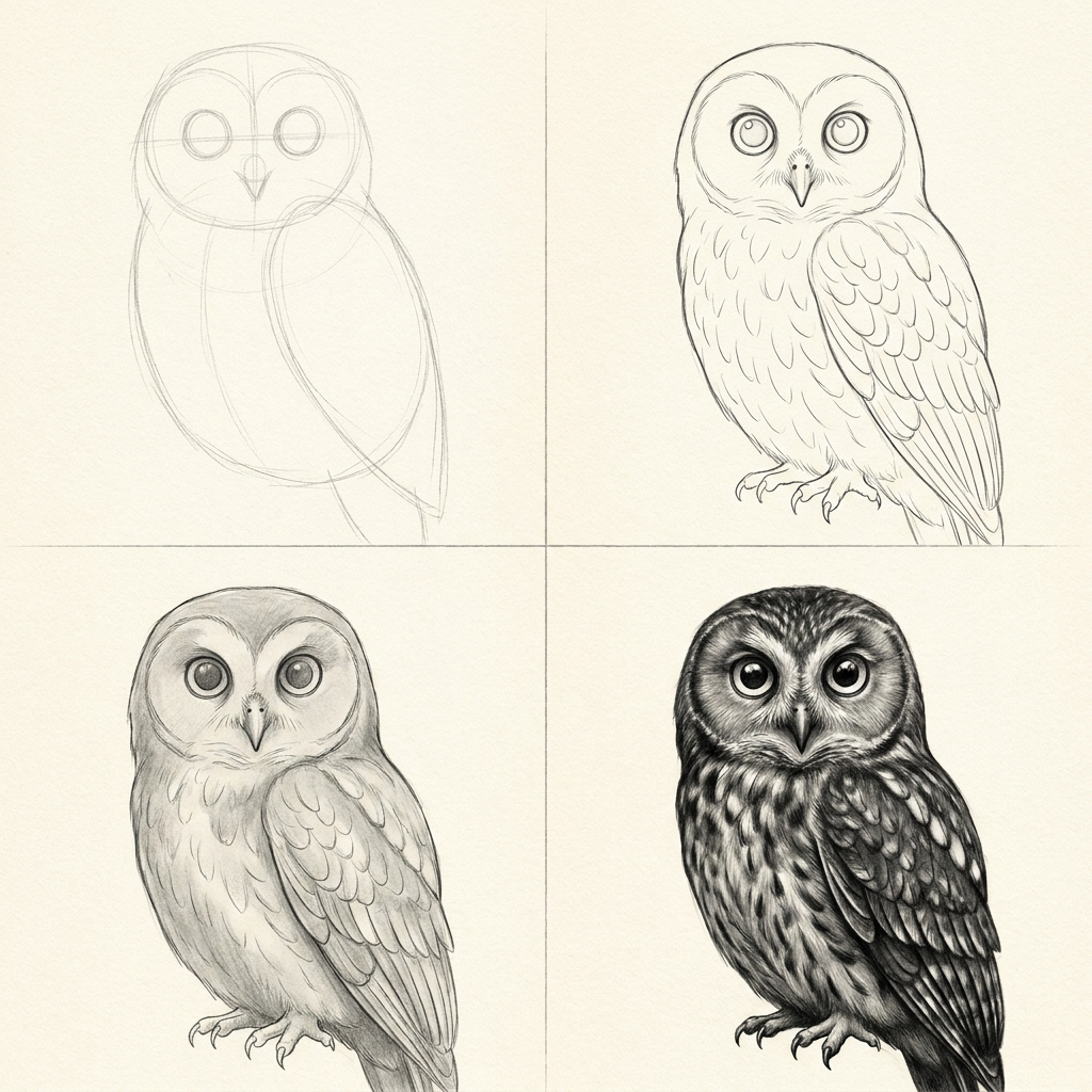 Planche pas à pas d'un hibou