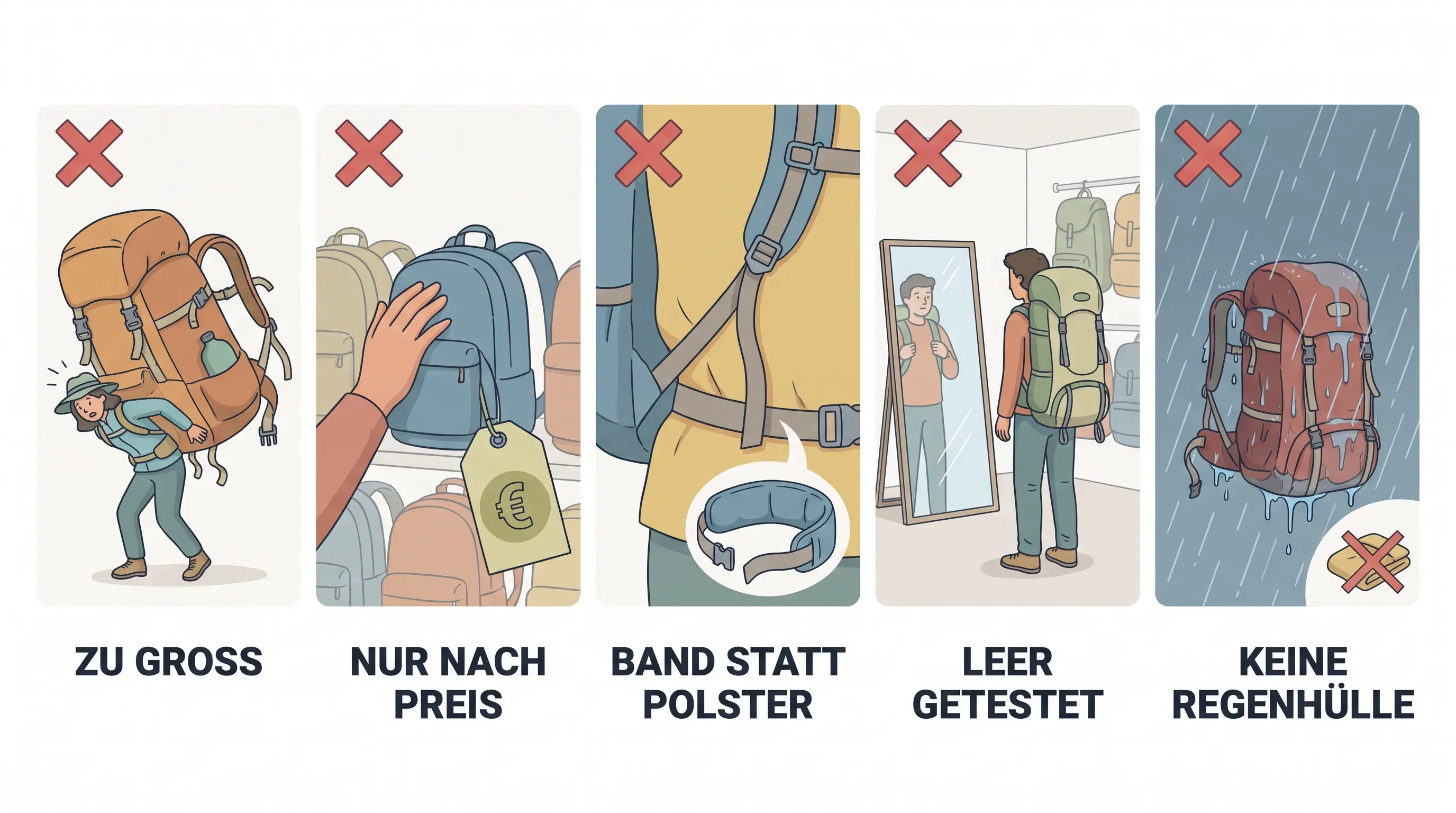 Die 5 häufigsten Fehler beim Rucksack-Kauf als Grafik