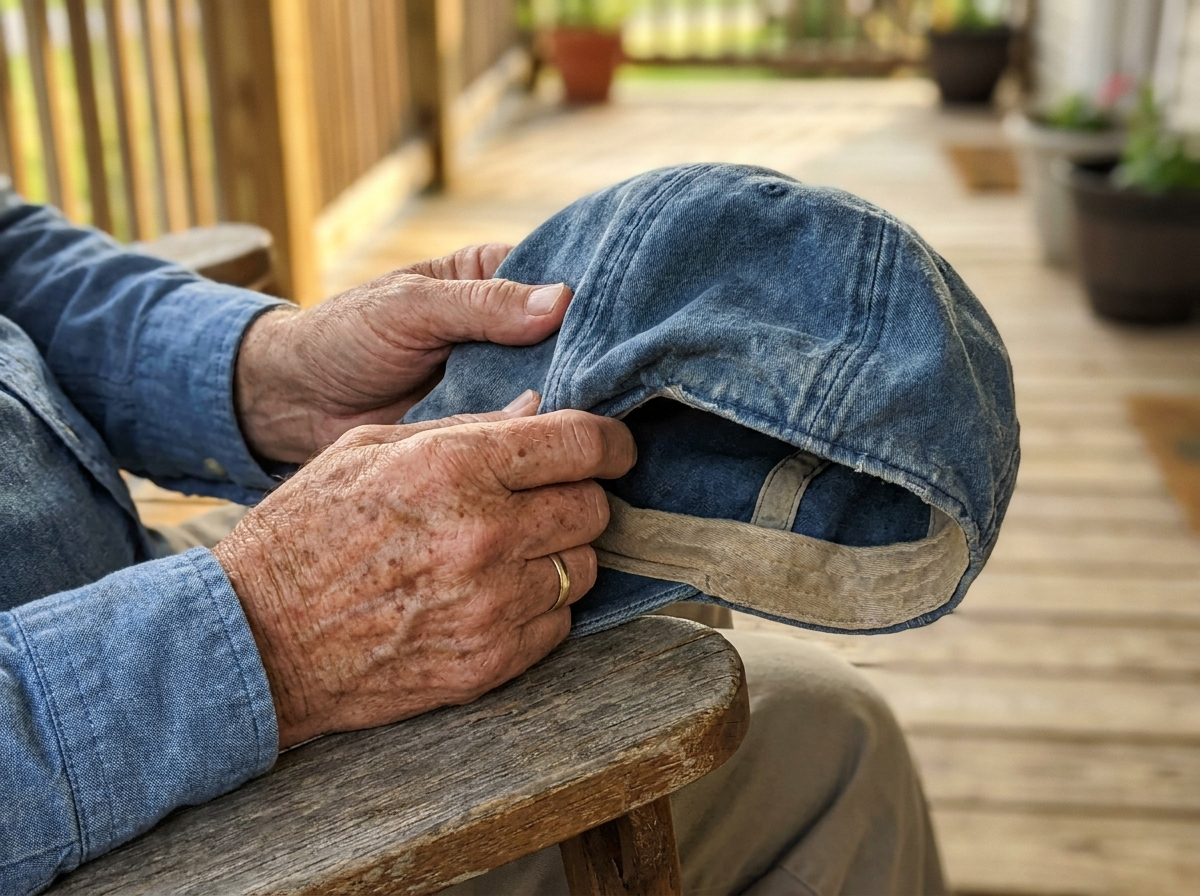 Weathered hands holding an old worn cap, showing the stiff inner band