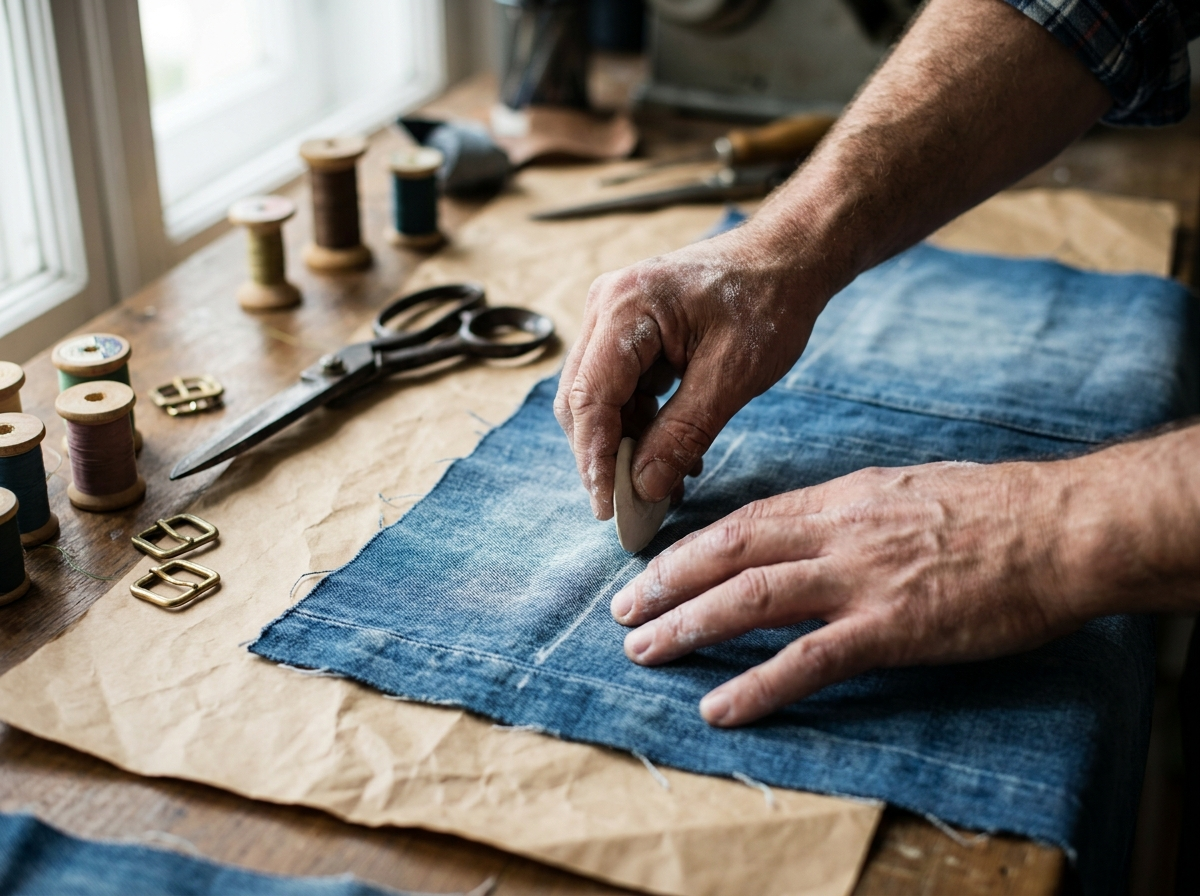 A hatmaker's hands chalk-marking washed denim over a paper pattern on the workbench