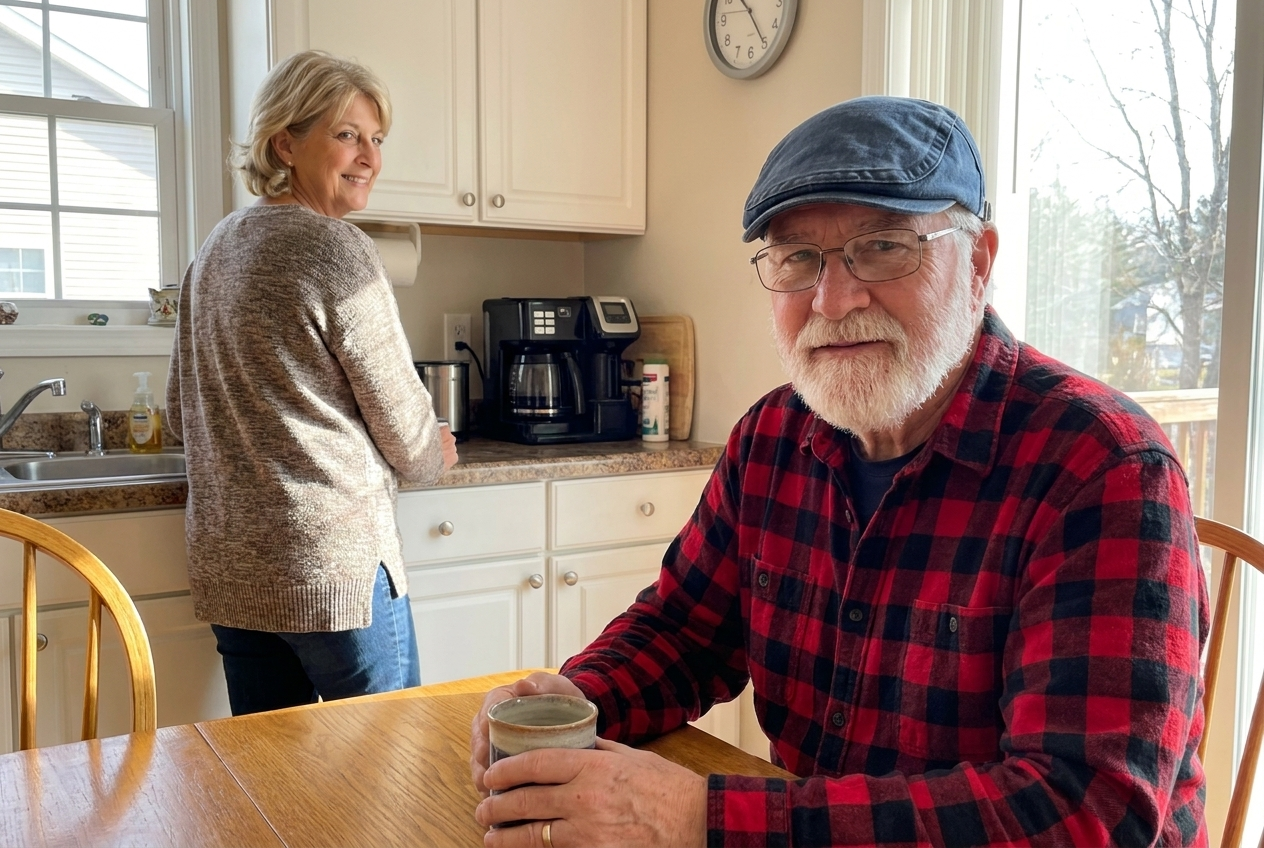 Richard at the kitchen table in his denim flat cap, his wife glancing over from the counter