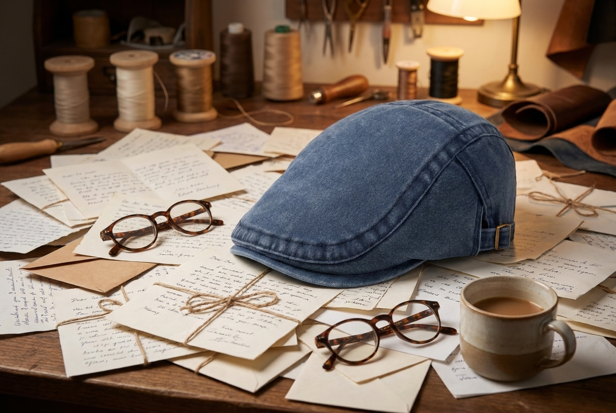 A desk covered in handwritten survey replies, reading glasses, coffee, and a denim flat cap