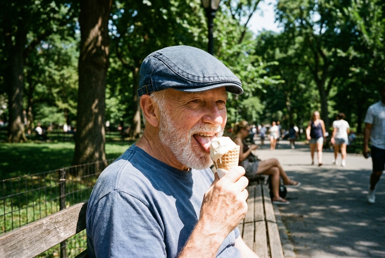 A customer keeping cool in his cotton flat cap on a hot summer day in the park