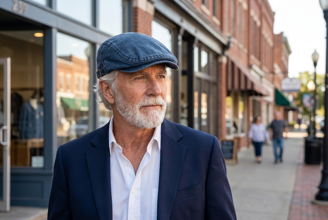 A man of about 68 in a navy blazer and denim flat cap on a small-town main street