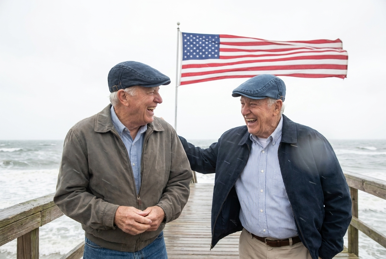 Two men laughing on a windy boardwalk, flag blown horizontal, their low flat caps staying on