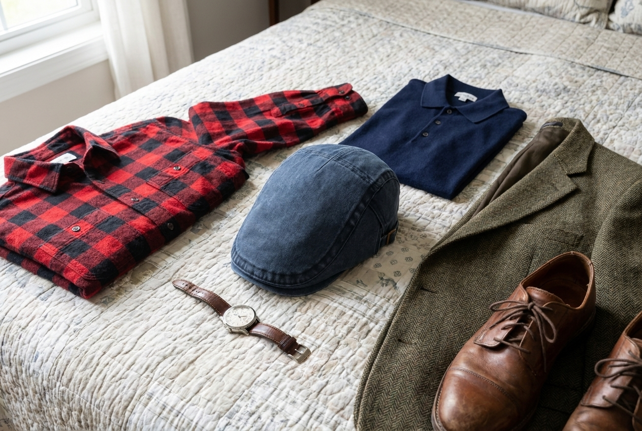 Flat-lay of the denim cap with a flannel shirt, navy polo, tweed blazer, leather shoes and a watch