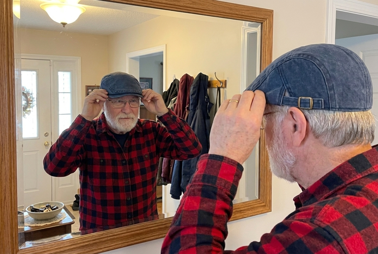 Richard adjusting the denim flat cap in the hallway mirror